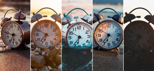 Banner made of many shots of a vintage clock in the seashore of Poetto at sunrise, good morning vibes and morning energy concept