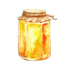 Jar of honey.Food picture.Watercolor hand drawn illustration.	 - 486082700