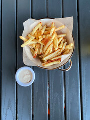 french fries in a bowl. cream sauce