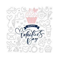 Happy Valentines day text with vintage doodle vector elements. Hand drawn love poster heart, diamond, envelope, cake, cup. Romantic illustration quote greeting card banner template