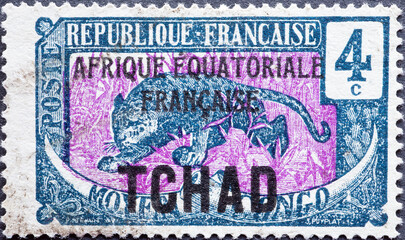 France - circa 1922: a postage stamp from France , showing a tiger and elephant tusks with the...