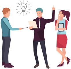 Characters develop creative business project. Light bulb as symbol of new idea. Launch of new business project. Start up venture. Teamwork with development process of business, entrepreneurship