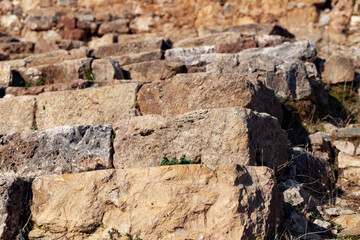 Ancient city of Syedra, Turkey. Antique ruined stone staircase. Blurred background.