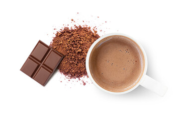 Cup of hot cocoa drink and chocolate bar with pile of cocoa powder isolated on white background. Top view. Flat lay.