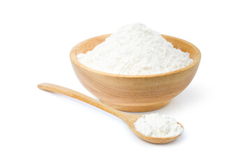 Closeup tapioca starch (potato flour or powder) in wooden bowl and spoon isolated on white...