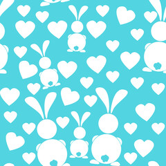illustration of a seamless patern for Easter. Postcard design. Background for printing on paper, gift wrapping, wallpaper, covers, textiles, fabrics, rabbit, Easter eggs, flowers and hearts.
