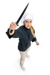 High angle view of beautiful young woman, lady-cook, chef in black uniform with big kitchen knife...