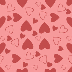 Illustration of a seamless pattern of red hearts on a pink background. design for postcard, poster, cover, banner, invitation, birthday greeting, wedding, easter, mother's day
