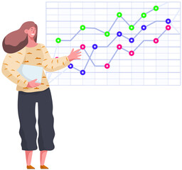 Woman studies statistics on presentation. Female character while working or studying with report. Girl working and analyzing financial statistics. Female marketer examines information about metrics