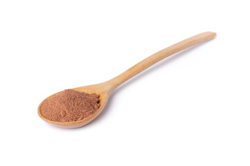 Cocoa powder in wooden spoon isolated on white background. 