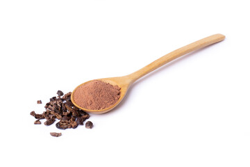 Cocoa powder in wooden spoon and cocoa nibs isolated on white background.