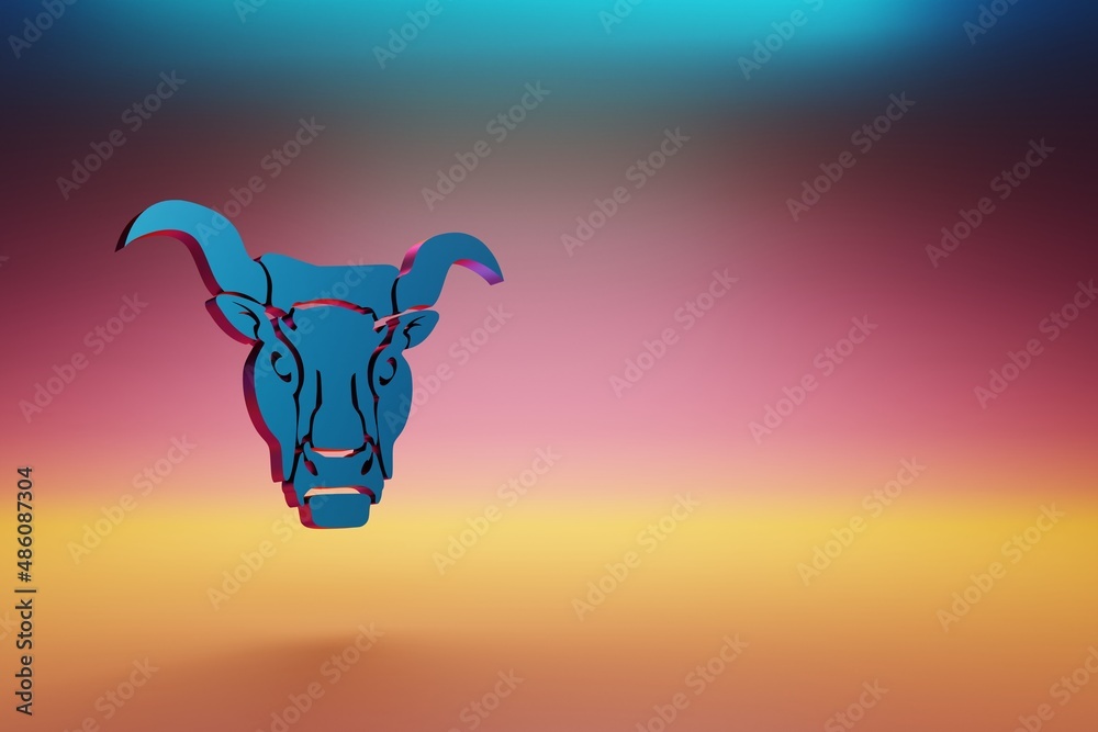 Poster Blue zodiac sign Taurus on symbol icons on multicolor bright background. 3d rendering illustration. Background pattern for design.