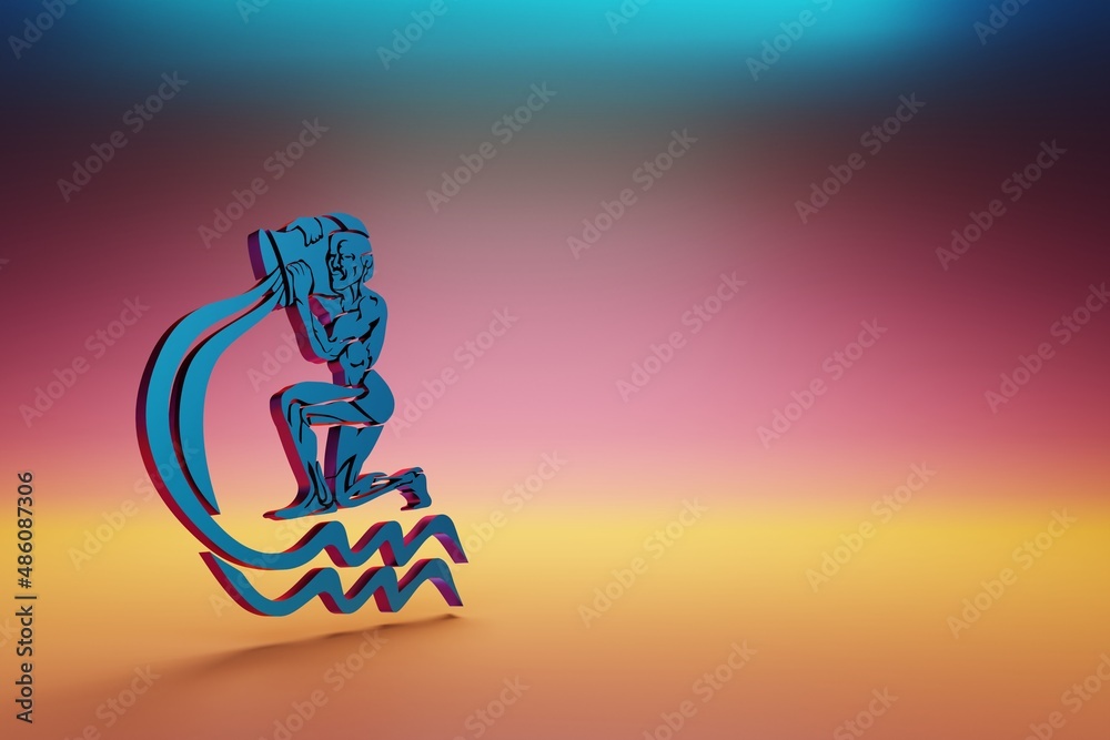 Poster blue zodiac sign aquarius on symbol icons on multicolor bright background. 3d rendering illustration
