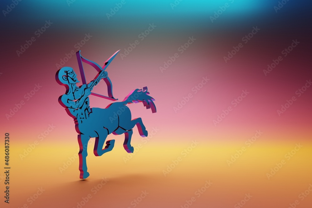 Aufkleber Blue zodiac sign Sagittarius on symbol icons on multicolor bright background. 3d rendering illustration. Background pattern for design.