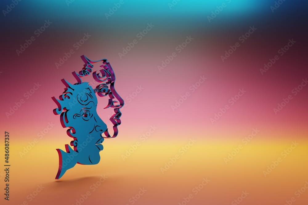 Poster Blue zodiac sign Gemini on symbol icons on multicolor bright background. 3d rendering illustration. Background pattern for design.