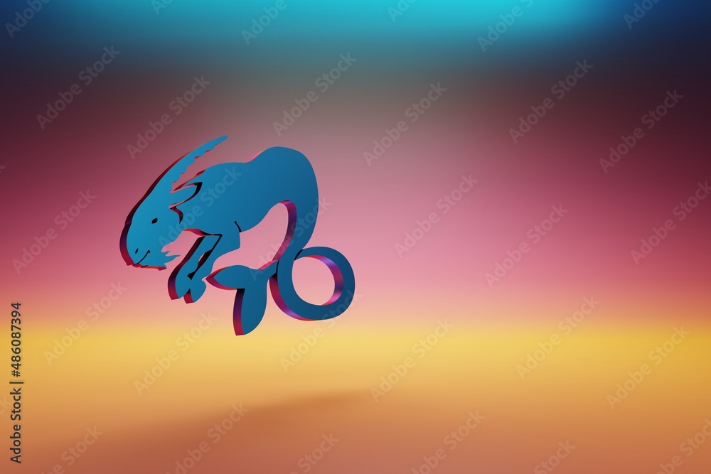Poster Blue zodiac sign Aries on symbol icons on multicolor bright background. 3d rendering illustration. Background pattern for design.