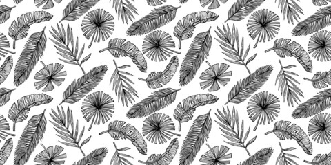 Tropical leaves seamless pattern. Vintage leaf of banana and palm in engraving style.