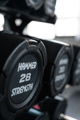 Dumbbells on the dumbbell rack in the gym.
