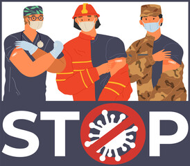Stop coronavirus agitation concept. Vaccination promo, immunization of workers. Vaccine saves lives. People wearing protective mask showing their arm with bandage after receiving covid-19 vaccine