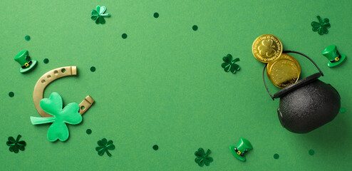 Top view photo of the bronze horseshoe and a lot of confetti in shape of clovers dots hats and...
