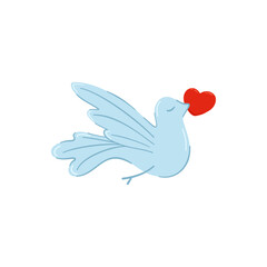 Cute stylized pigeon with a heart, a festive isolated doodle element for Valentine's Day
