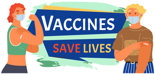 Stop coronavirus agitation concept. Vaccination promo, immunization of workers. Vaccine saves lives. People wearing protective mask showing their arm with bandage after receiving covid-19 vaccine