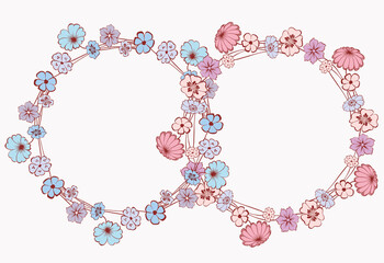 Decorative floral wreaths of delicate blue,pink and lilac daisies and bluebells