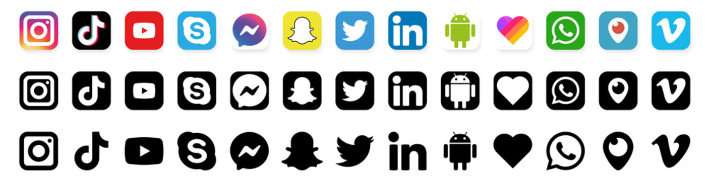 Social media icons. Facebook, instagram, tiktok, twitter, youtube, snapchat, pinterest, likee, periscope, whatsap, skype, messenger, viber - Collection of popular social media logo. Editorial vector. 