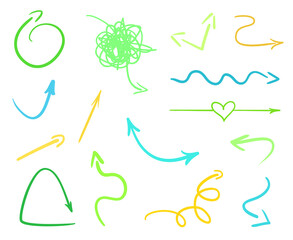 Hand drawn colorful infographic elements on white. Colored tangled arrows. Line art. Set of different signs. Elements for posters and flyers