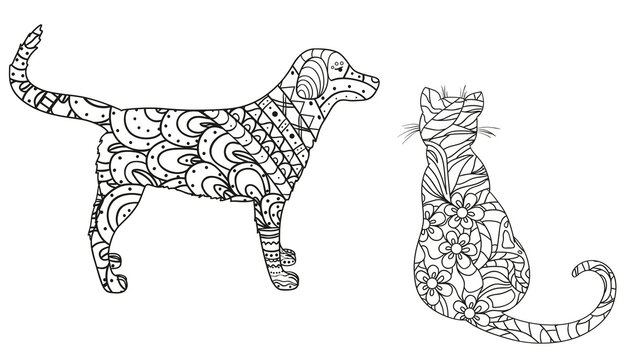 Dog and cat on white. Hand drawn animals with abstract patterns on isolation background. Design for spiritual relaxation for adults. Black and white illustration for coloring. Zen art