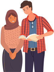 Happy school pupils or college students standing with books. Portrait of smiling happy people. Diverse college, university students, schoolgirl and schoolboy with notebook and gadgets for studying