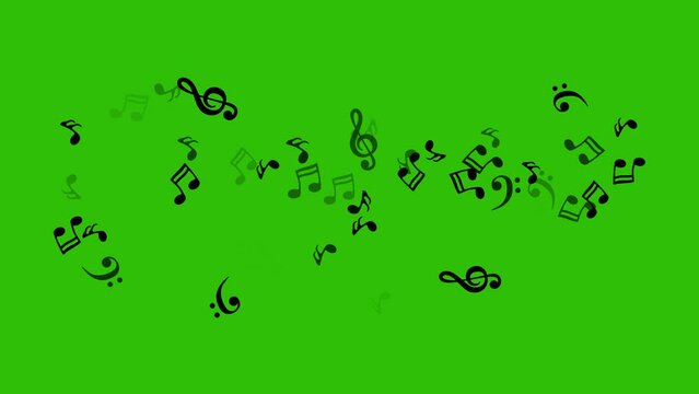 Musical notes and symbols appearing, getting bigger, and disappearing with a blur. 4K Animation of flow notes and treble clef. Music background. Template for video clip or compositions. Alpha channel.