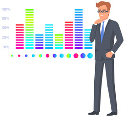 Man studies statistics on presentation. Male character working with report. Manager working and analyzing financial statistic. Male marketer examines information about metrics. Data screen with charts