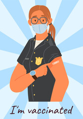 Young woman wearing protective mask showing her arm with bandage after receiving covid-19 vaccine. Concept of vaccination, health, spread of vaccine, healthcare, call of fight against coronavirus