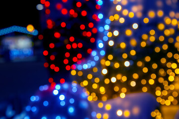background blurred abstraction of colored lanterns and decorations. bokeh texture of street colored lights