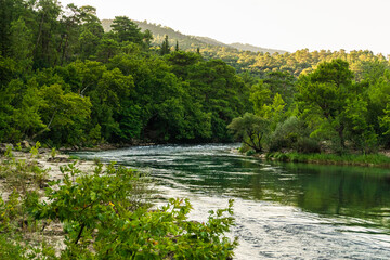 Amazing river landscape from Koprulu Canyon in Manavgat, Antalya, Turkey. Rafting tourism. Koprucay