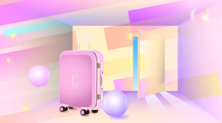 Pink suitcase at the opening door. Abstract vector illustration.
Concept of a dream vacation, travel.