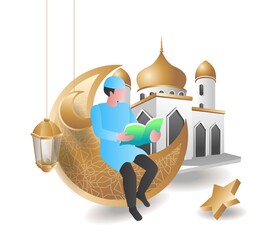 Muslim reading quran concept Ramadan kareem illustration