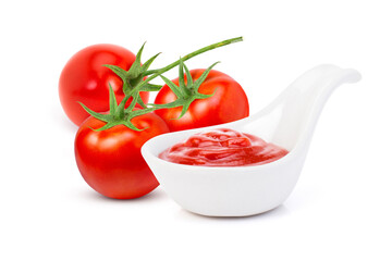 tomato sauce in ceramic bowl with fresh ripe tomatoes isolated on white background.