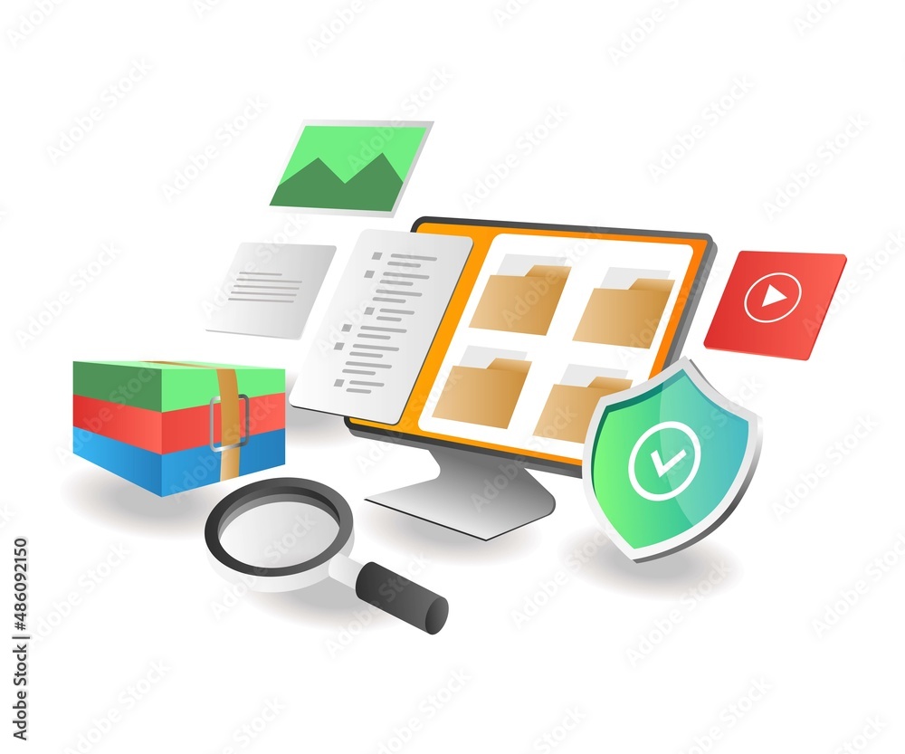 Poster isometric illustration concept. zip folder security data