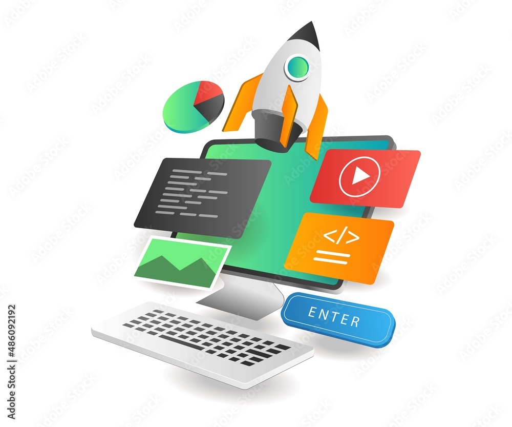 Poster isometric illustration concept. web application product launch