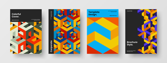 Trendy poster A4 design vector layout set. Original mosaic hexagons handbill concept bundle.