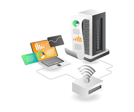 Isometric illustration concept. Wifi router data analysis server
