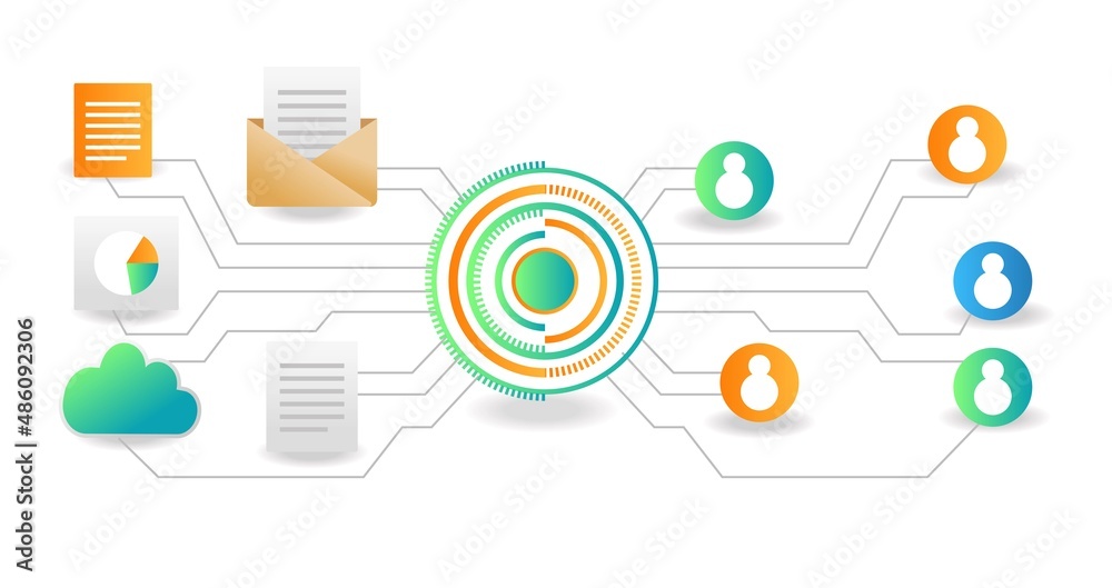 Poster isometric illustration concept. team network digital transformation button