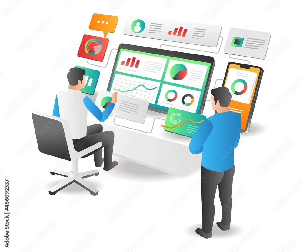 Aufkleber isometric illustration concept. team analysis data network
