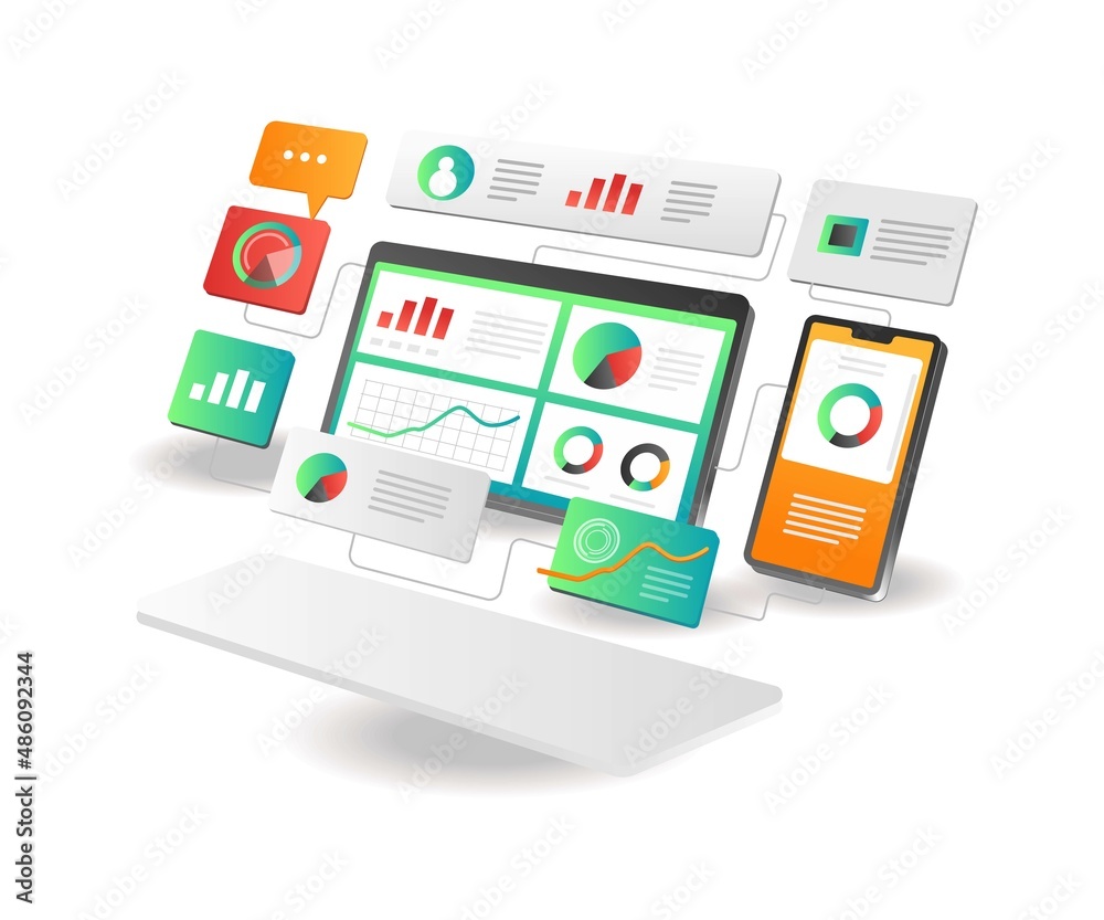 Aufkleber Isometric illustration concept. Smartphone computer analysis data network