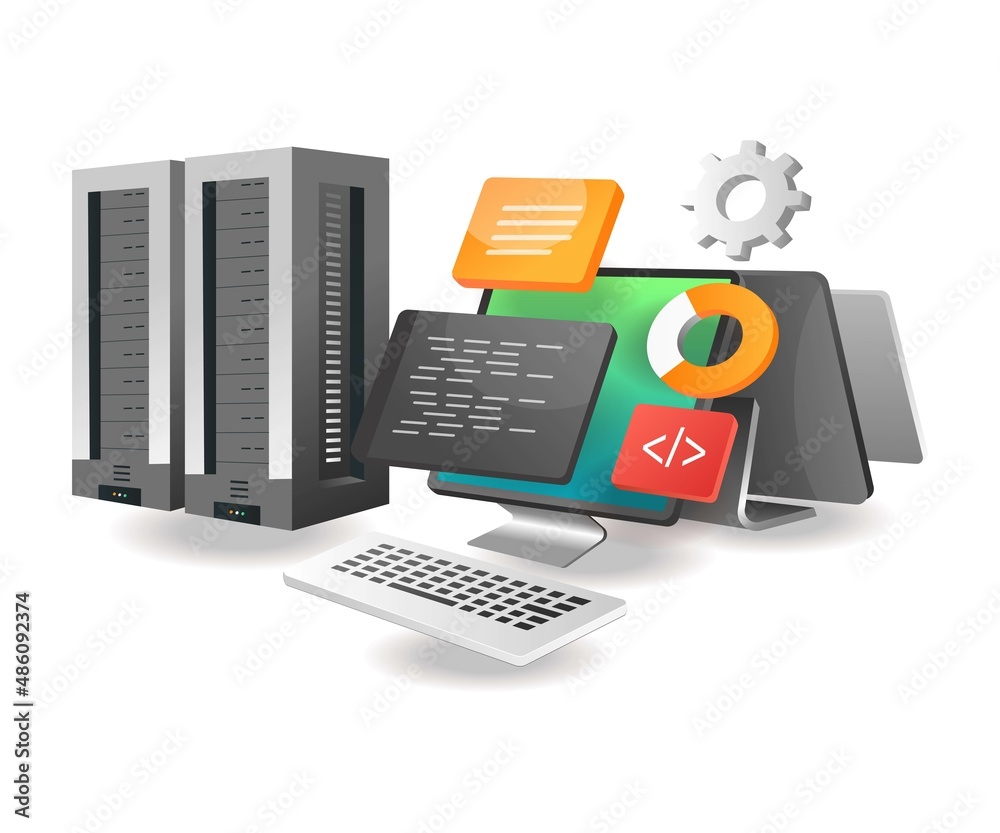 Aufkleber Isometric illustration concept. Server data security with programming language code
