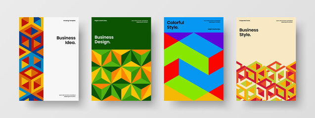 Obraz premium Fresh company cover design vector illustration composition. Colorful mosaic shapes front page layout bundle.