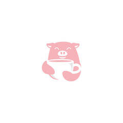 Cute pig hugging a cup of coffee mascot logo
