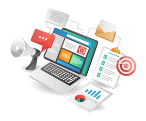 Isometric illustration concept. Seo marketing target web design